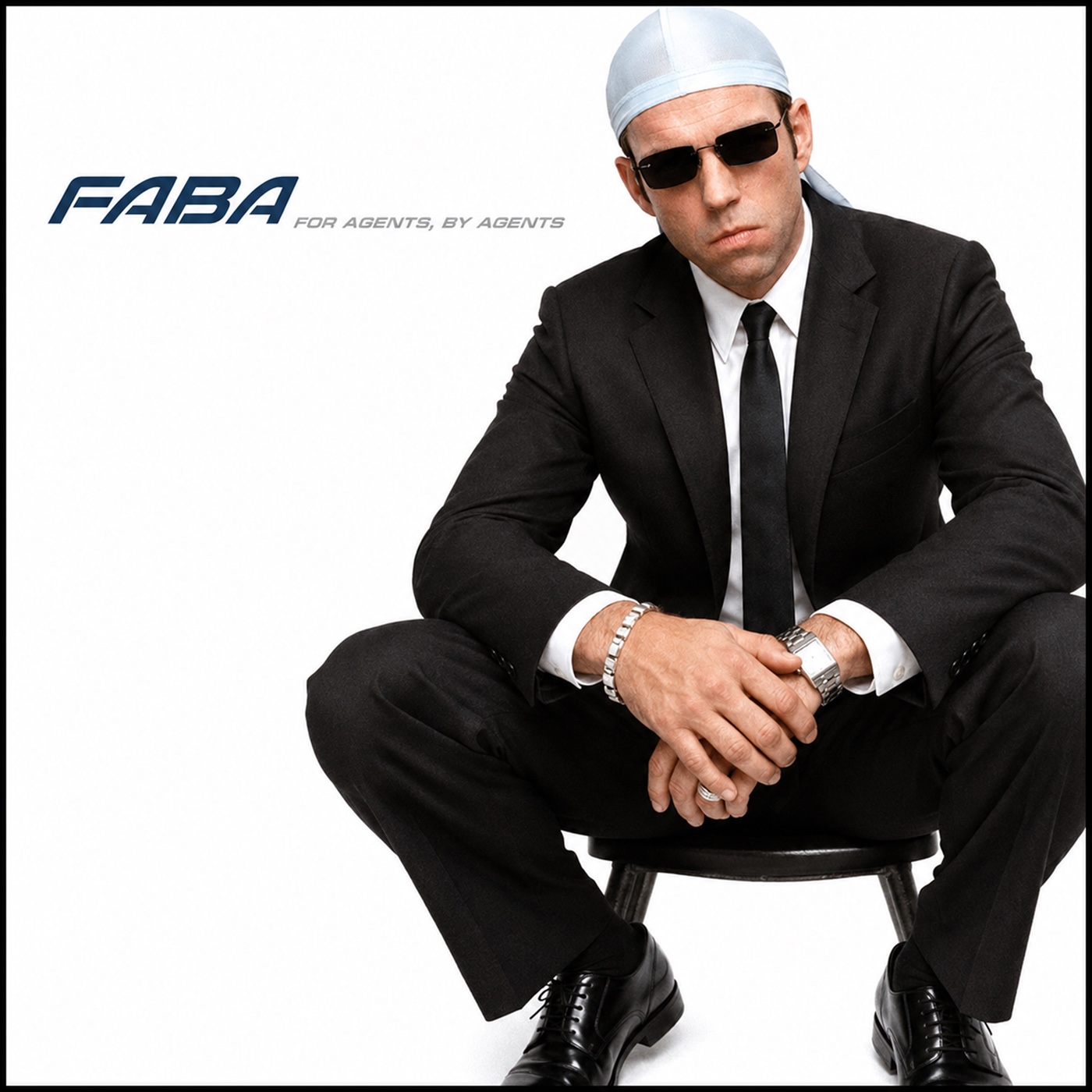FABA — for agents, by agents. A suited figure in sunglasses and a durag sits on a stool against a white studio wall, album-sleeve style.